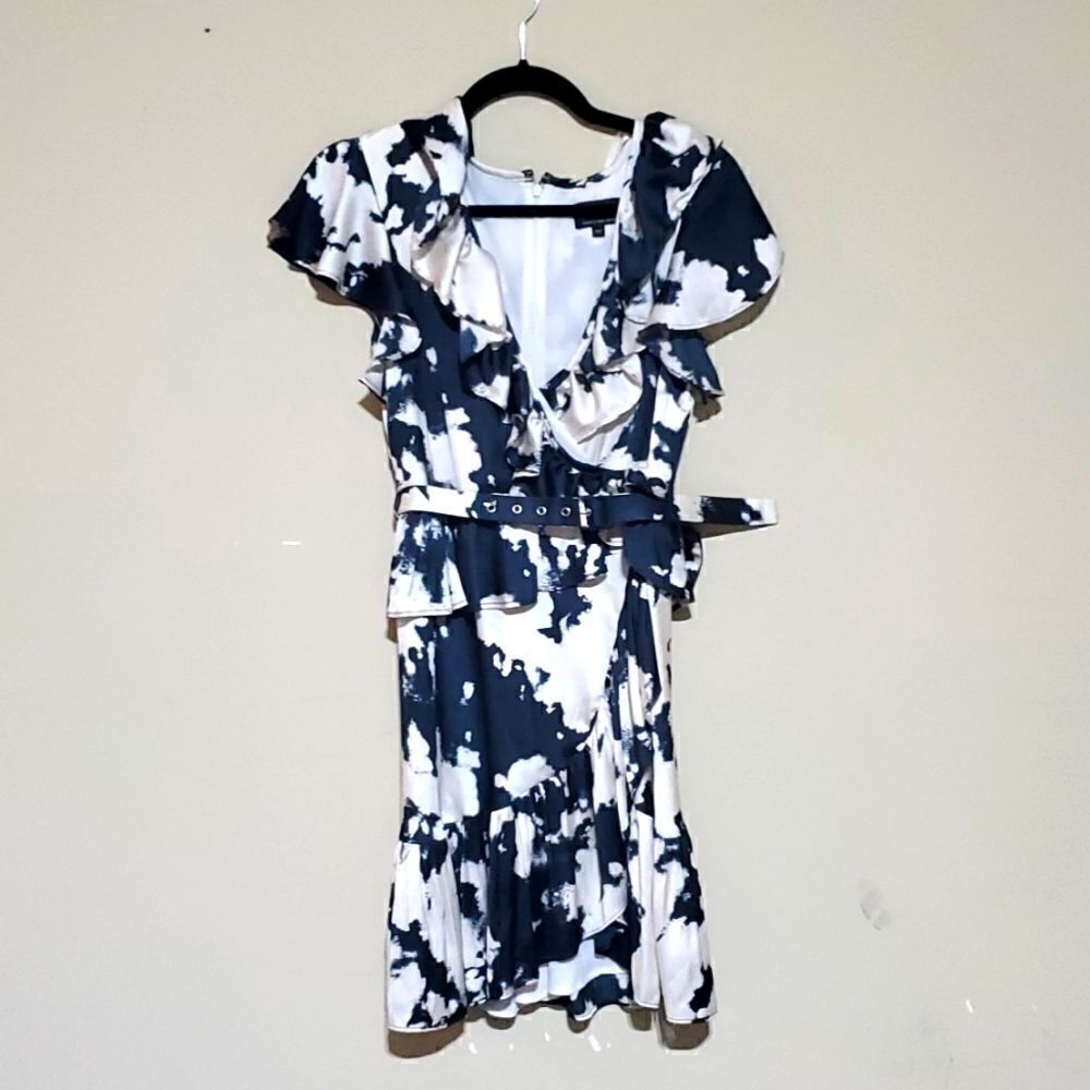 BARDOT Navy/Cream Blue Ruffle Wrap Dress - Size 6/S